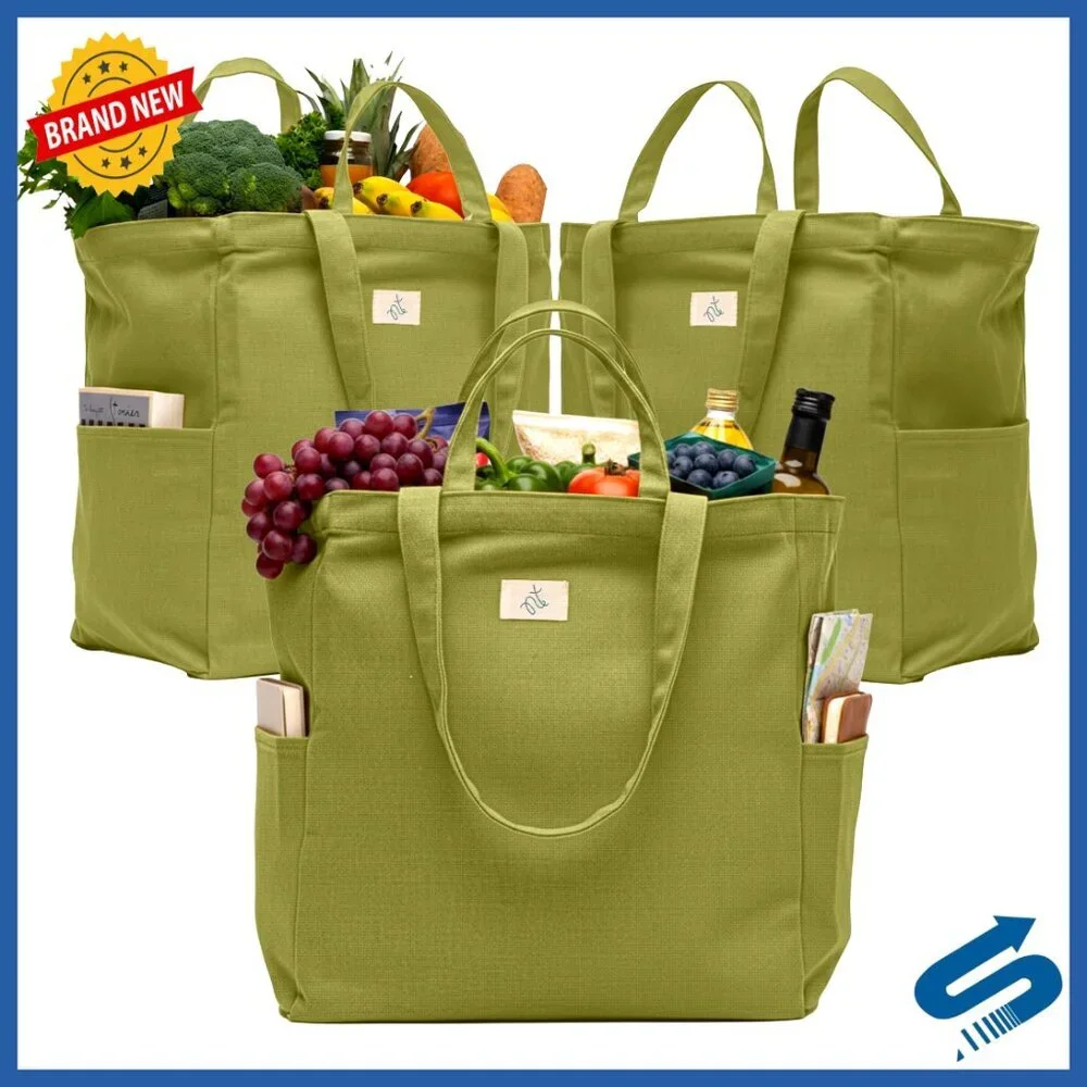 Heavy Duty Cotton Canvas Reusable Grocery Totes Foldable Multi Compartment